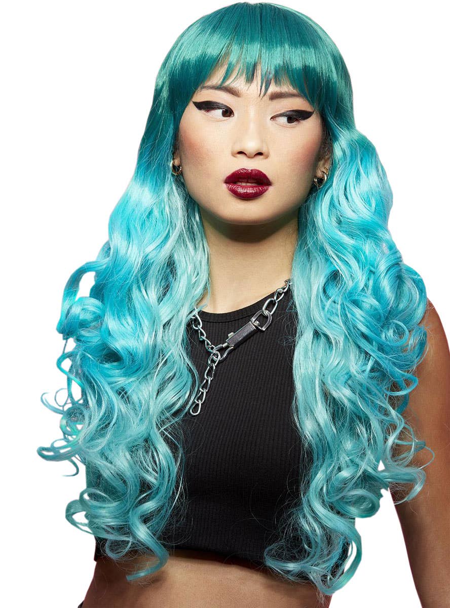 Womens Long Curly Blue Ombre Manic Panic Heat Resistant Costume Wig with Fringe - Main Image