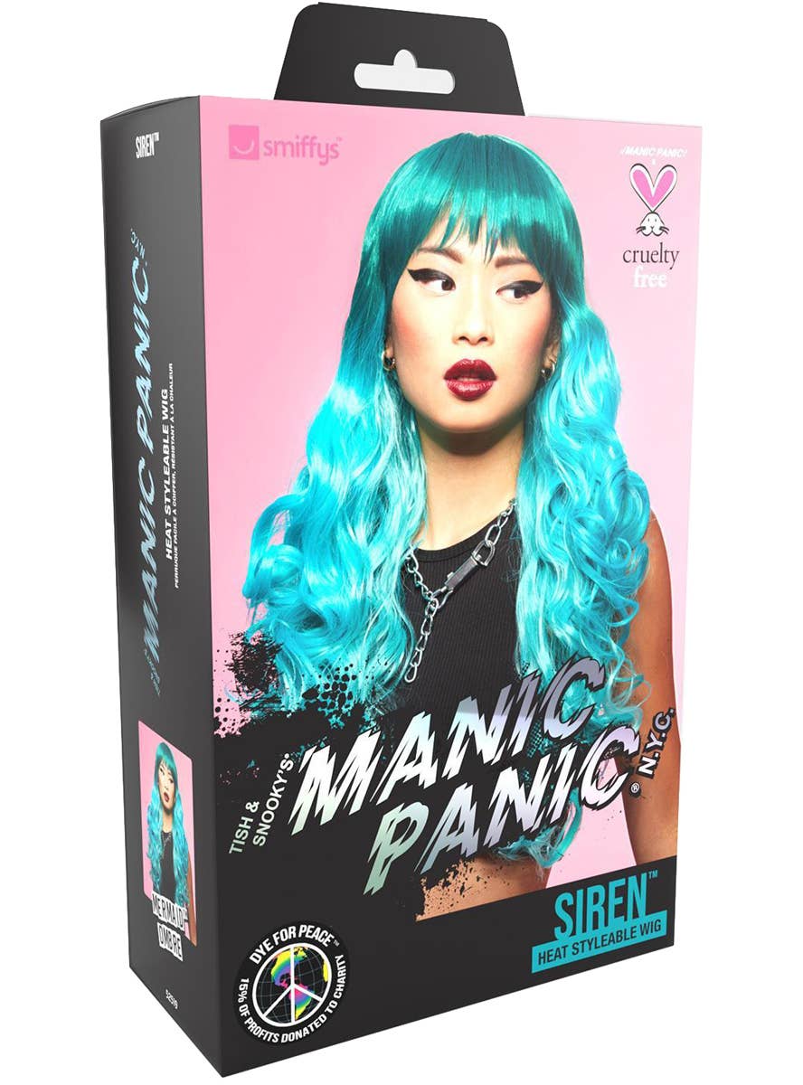 Womens Long Curly Blue Ombre Manic Panic Heat Resistant Costume Wig with Fringe - Packaging Image