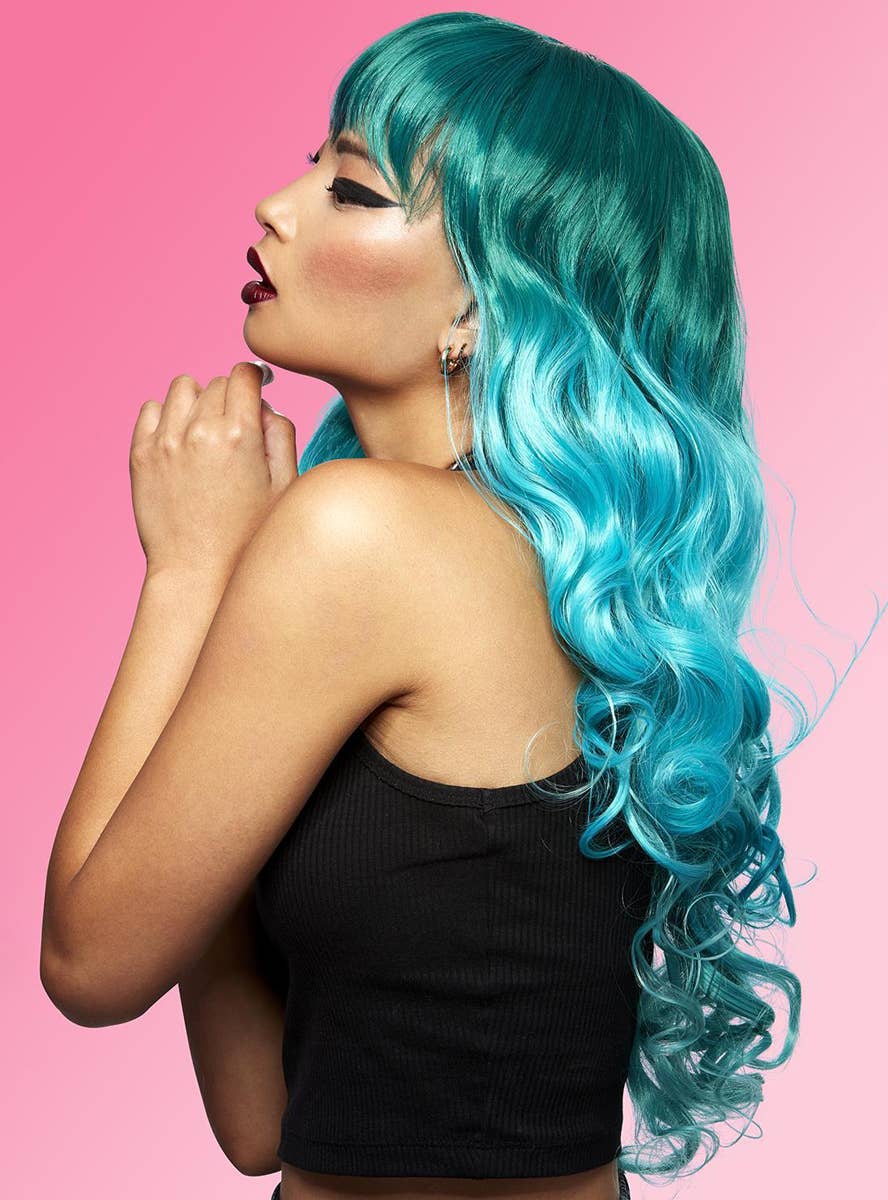 Womens Long Curly Blue Ombre Manic Panic Heat Resistant Costume Wig with Fringe - Side Image