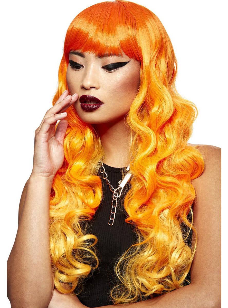 Long Curly Orange Ombre Psychedelic Sunrise Deluxe Manic Panic Costume Wig - Alternate Front Image