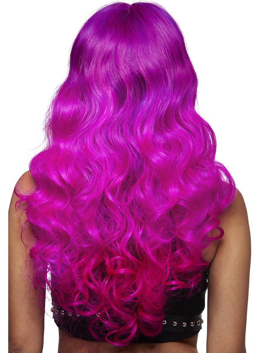 Womens Long Curly Purple Ombre Manic Panic Heat Resistant Costume Wig with Fringe - Back Image