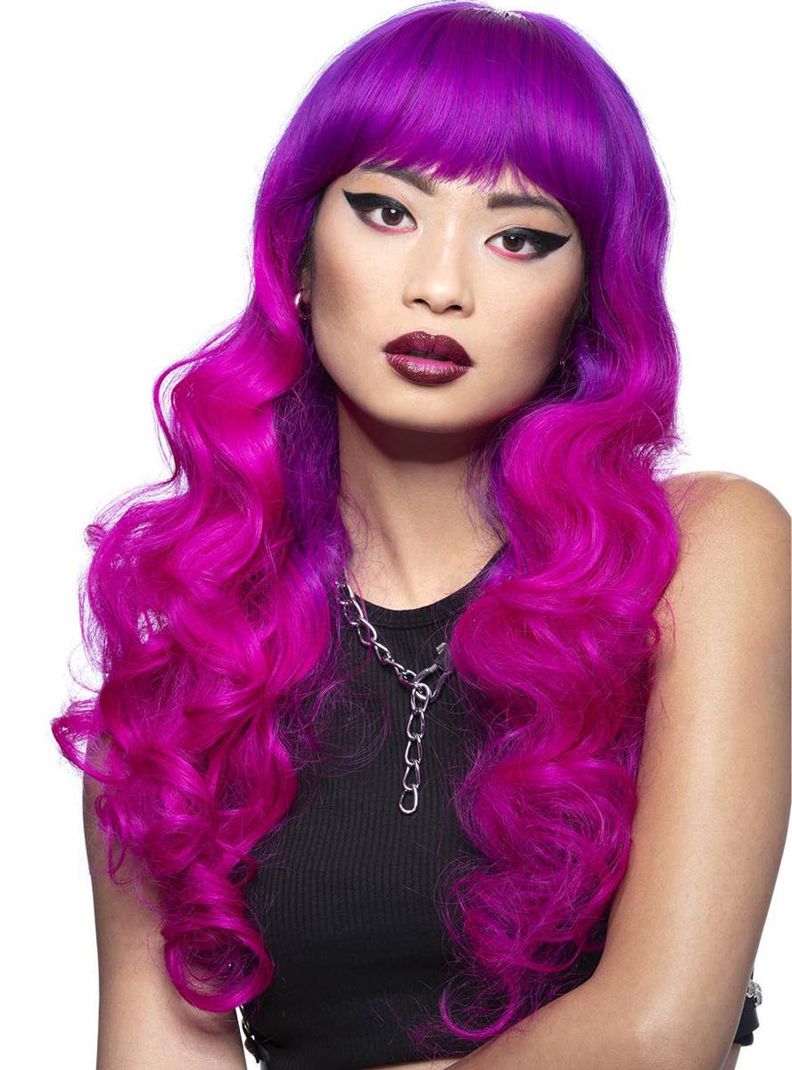 Womens Long Curly Purple Ombre Manic Panic Heat Resistant Costume Wig with Fringe - Main Image