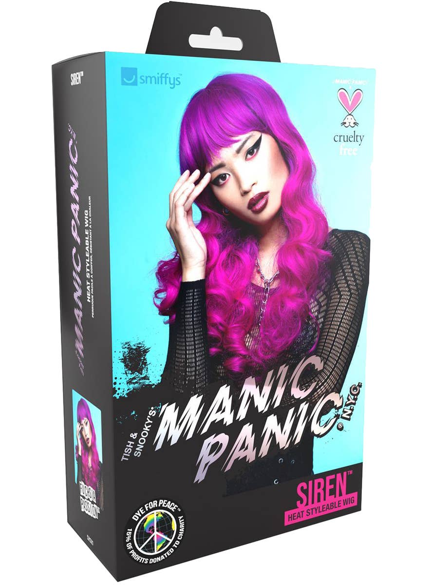 Womens Long Curly Purple Ombre Manic Panic Heat Resistant Costume Wig with Fringe - Packaging Image