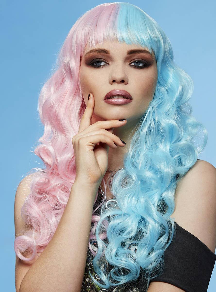 Womens Long Curly Half Pink Half Blue Manic Panic Heat Resistant Costume Wig - Alternate Image 2