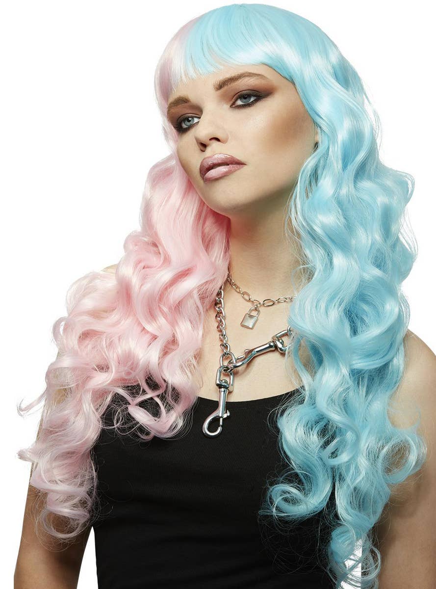 Womens Long Curly Half Pink Half Blue Manic Panic Heat Resistant Costume Wig - Alternate Image 1