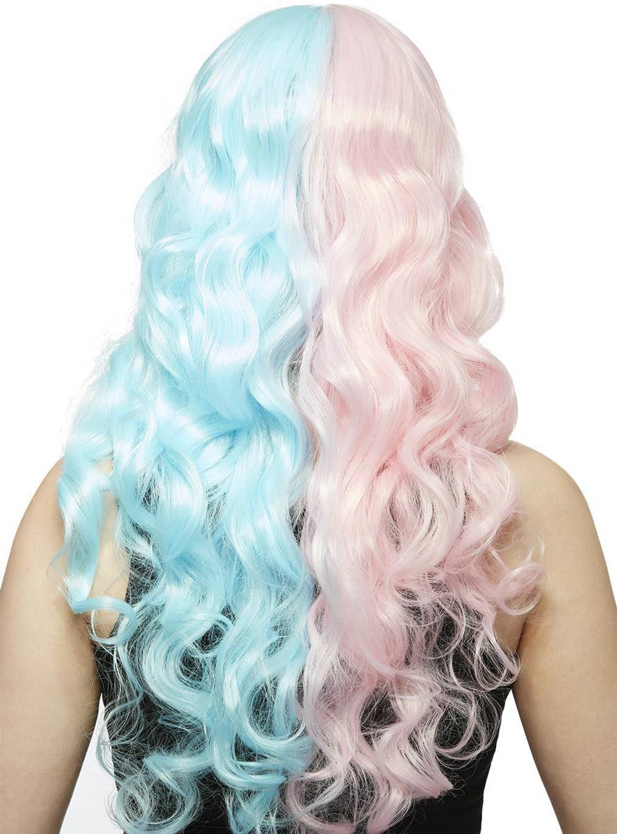 Womens Long Curly Half Pink Half Blue Manic Panic Heat Resistant Costume Wig - Back Image