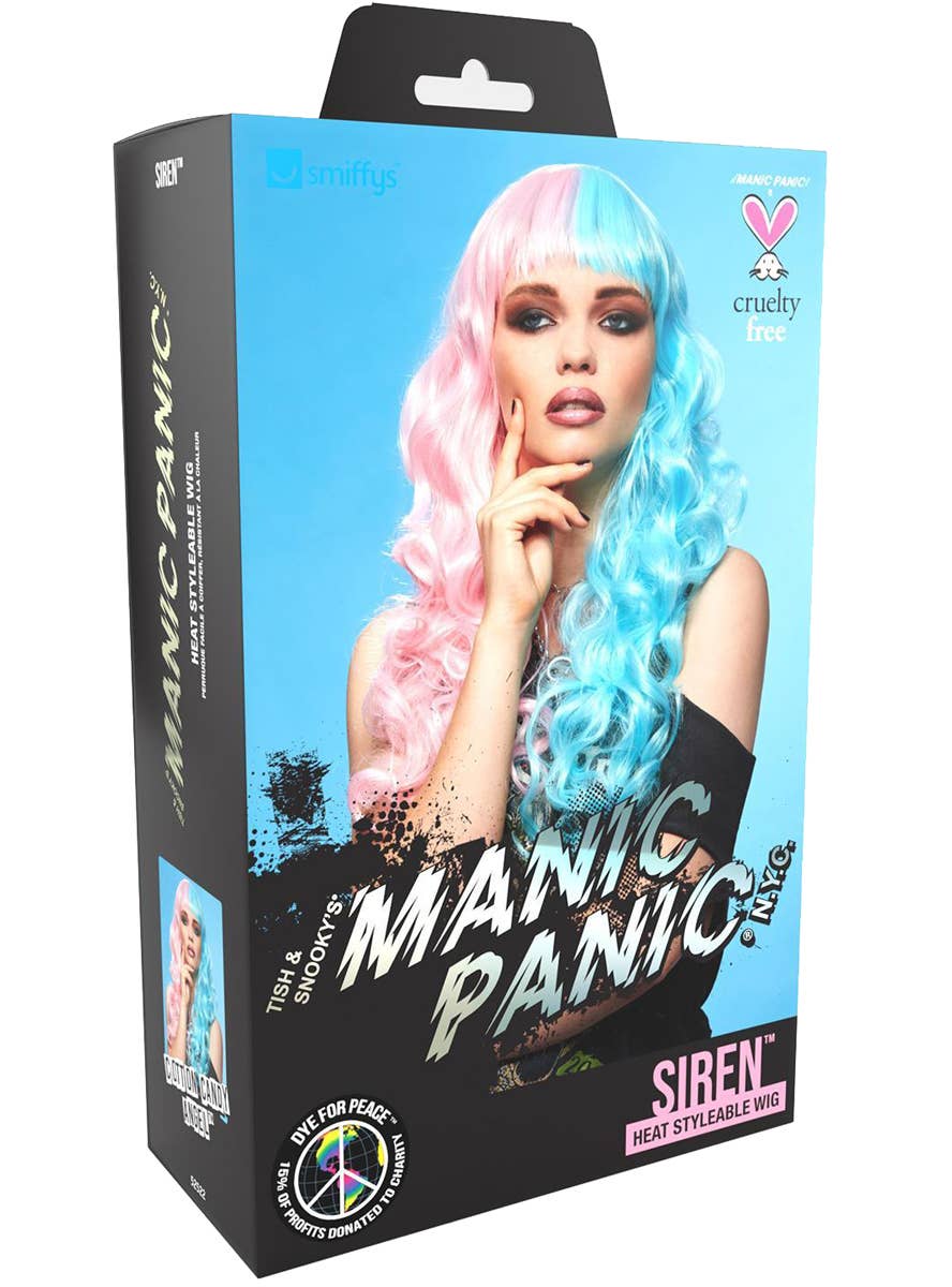 Womens Long Curly Half Pink Half Blue Manic Panic Heat Resistant Costume Wig - Packaging Image