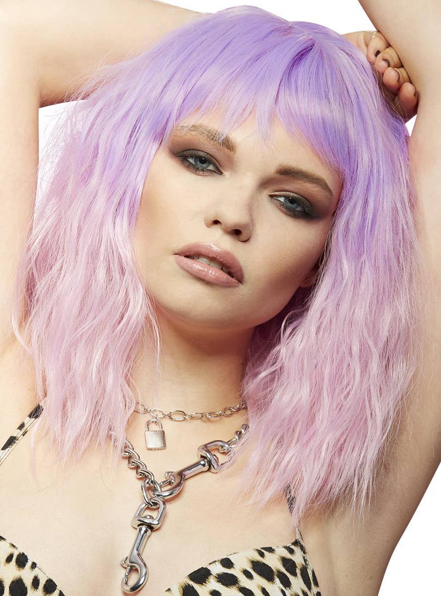 Short Fluffy Waves Womens Manic Panic X Smiffys Pink and Purple Ombre Fashion Wig - Alternate Image 1