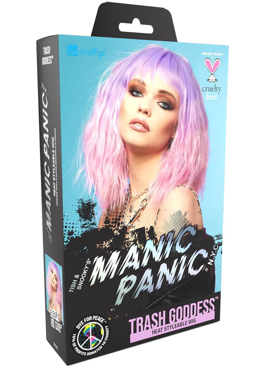 Short Fluffy Waves Womens Manic Panic X Smiffys Pink and Purple Ombre Fashion Wig - Packaging Image