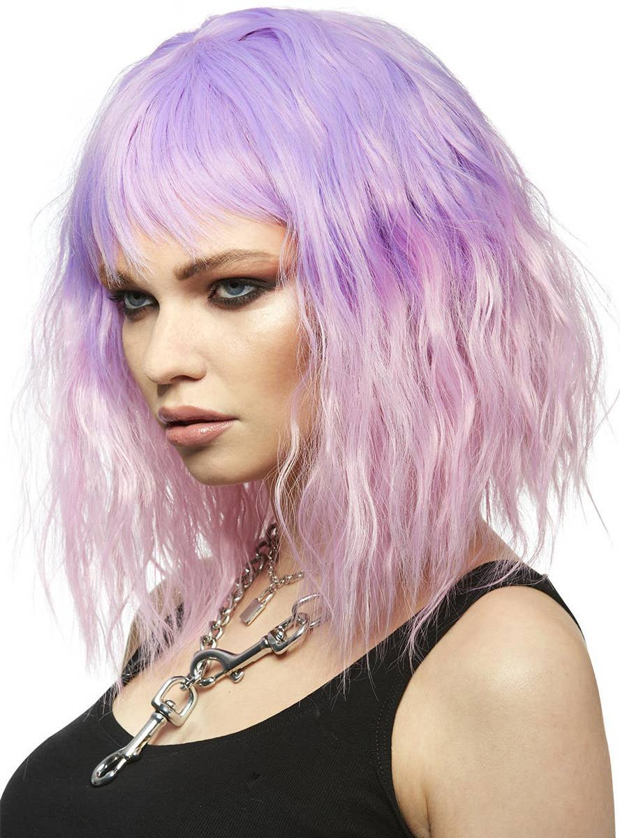 Short Fluffy Waves Womens Manic Panic X Smiffys Pink and Purple Ombre Fashion Wig - Side Image