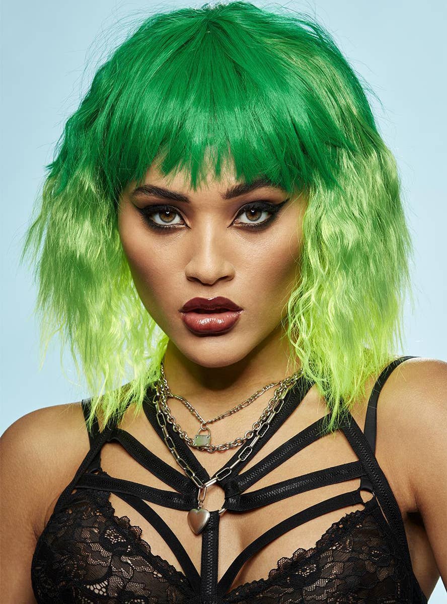 Short Fluffy Waves Womens Manic Panic X Smiffys Dark and Light Green Ombre Fashion Wig - Alternate Image 2