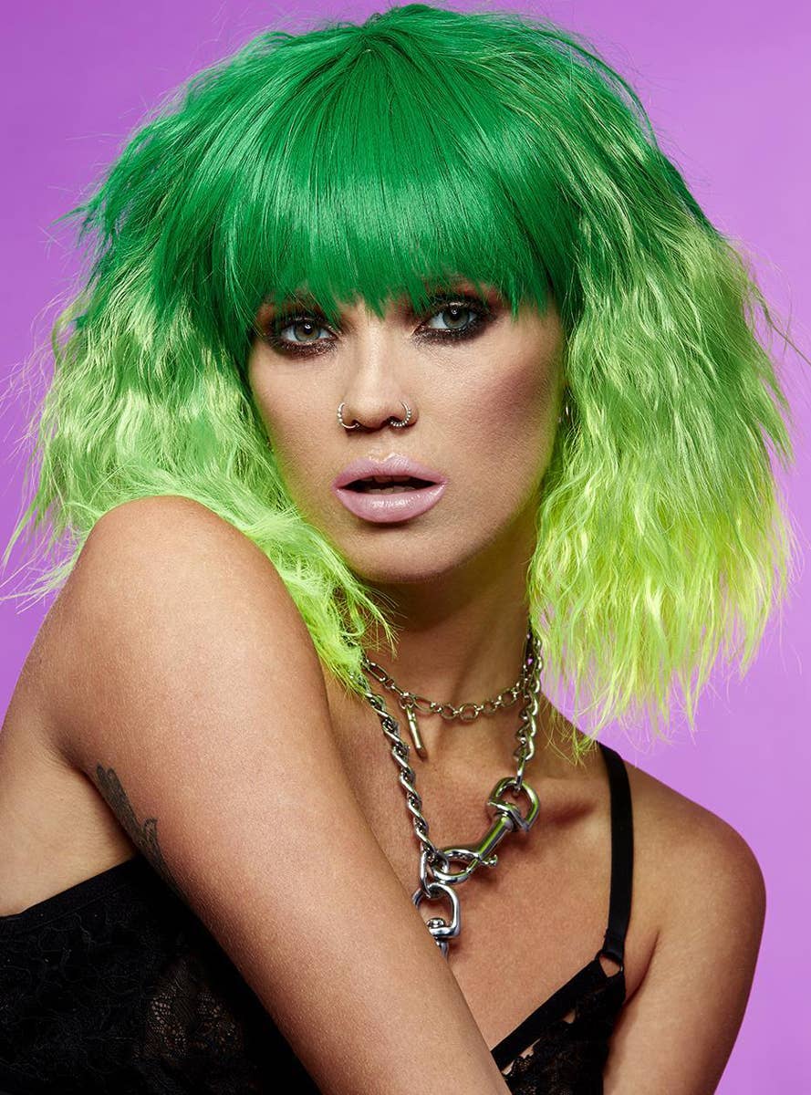 Short Fluffy Waves Womens Manic Panic X Smiffys Dark and Light Green Ombre Fashion Wig - Alternate Image 3