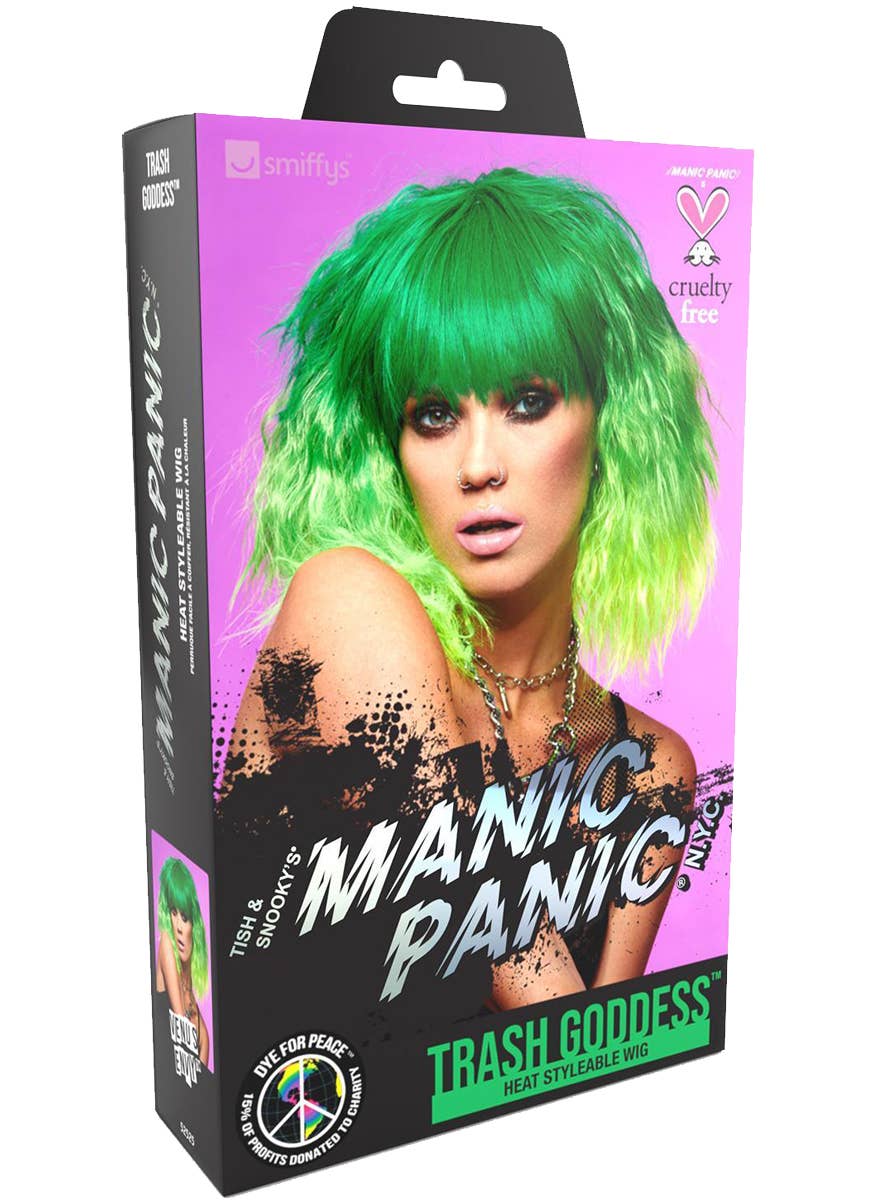 Short Fluffy Waves Womens Manic Panic X Smiffys Dark and Light Green Ombre Fashion Wig - Packaging Image