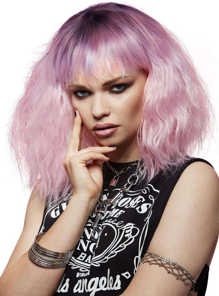 Womens Short Fluffy Waves Pink Manic Panic Heat Resistant Costume Wig with Fringe - Alternate Image 2