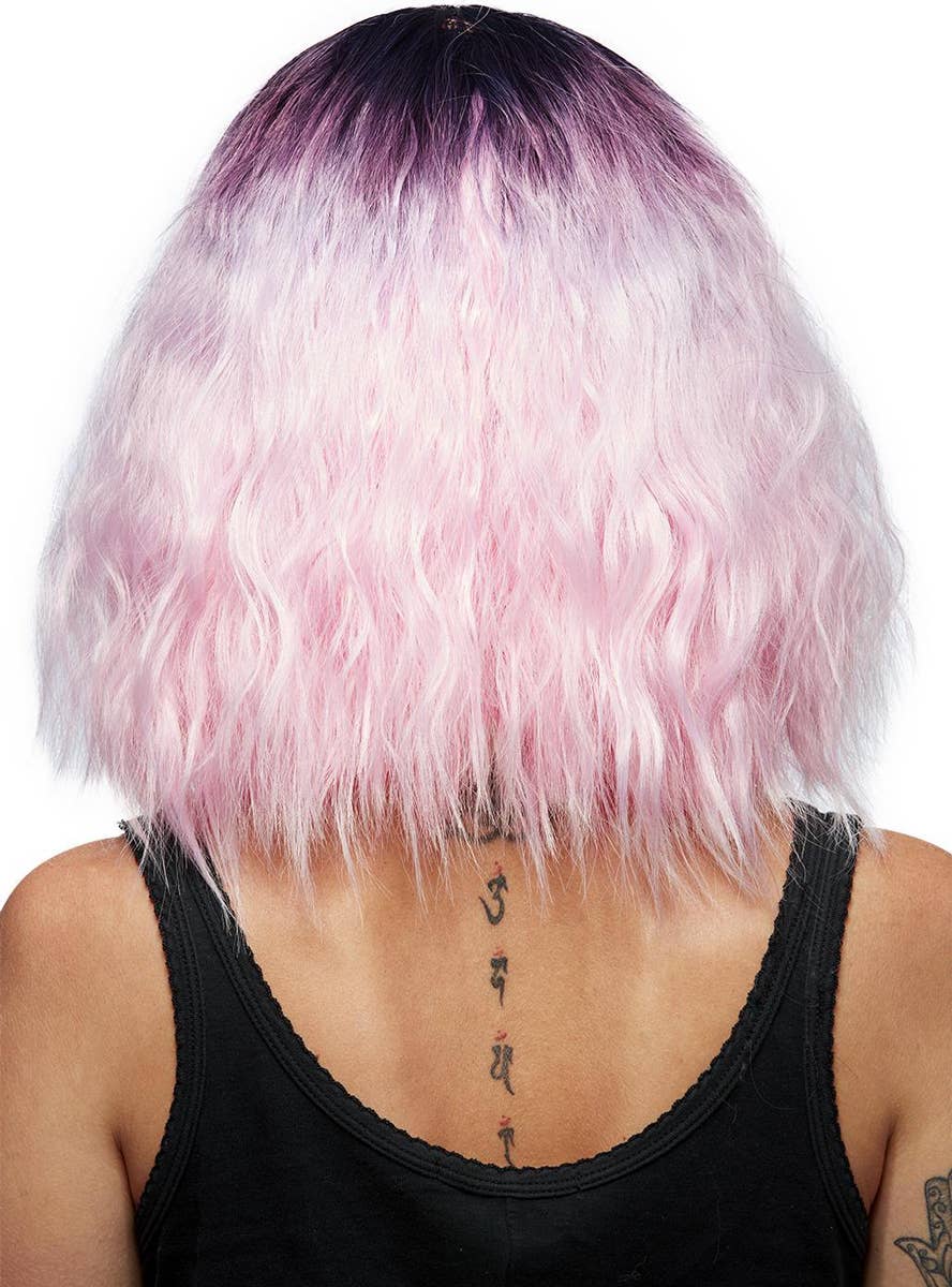 Womens Short Fluffy Waves Pink Manic Panic Heat Resistant Costume Wig with Fringe - Back Image