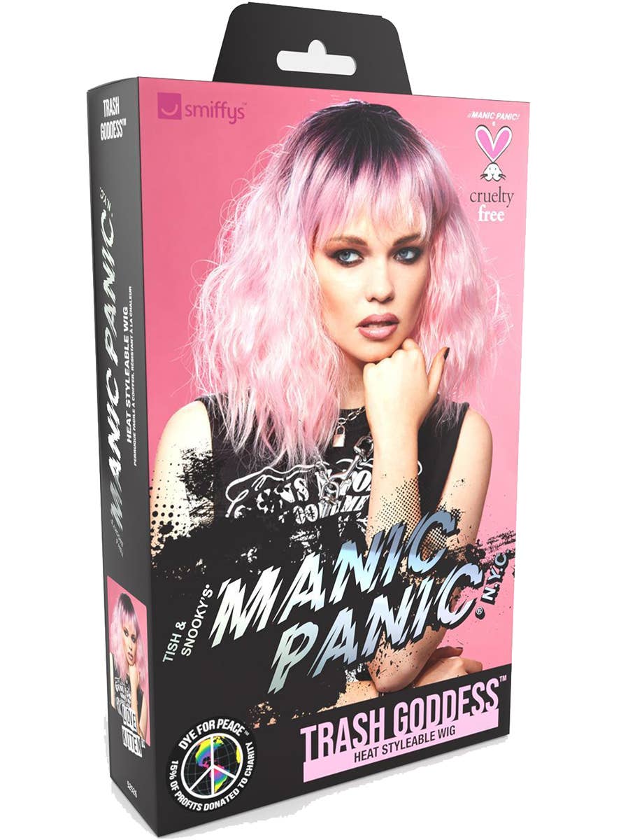 Womens Short Fluffy Waves Pink Manic Panic Heat Resistant Costume Wig with Fringe - Packaging Image