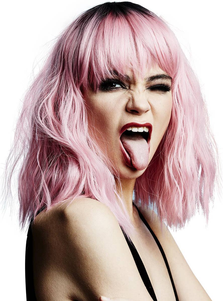 Womens Short Fluffy Waves Pink Manic Panic Heat Resistant Costume Wig with Fringe - Alternate Image 1