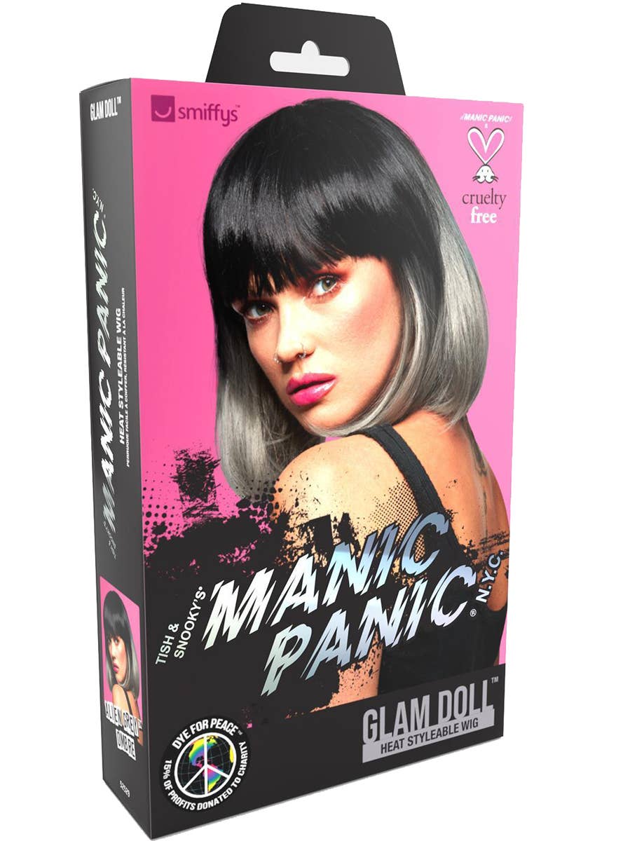 Black and Grey Womens Manic Panic X Smiffys Short Bob Fashion Wig - Packaging Image