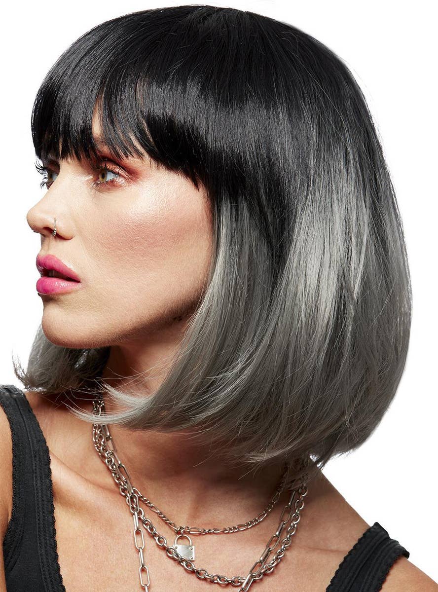 Black and Grey Womens Manic Panic X Smiffys Short Bob Fashion Wig - Side Image