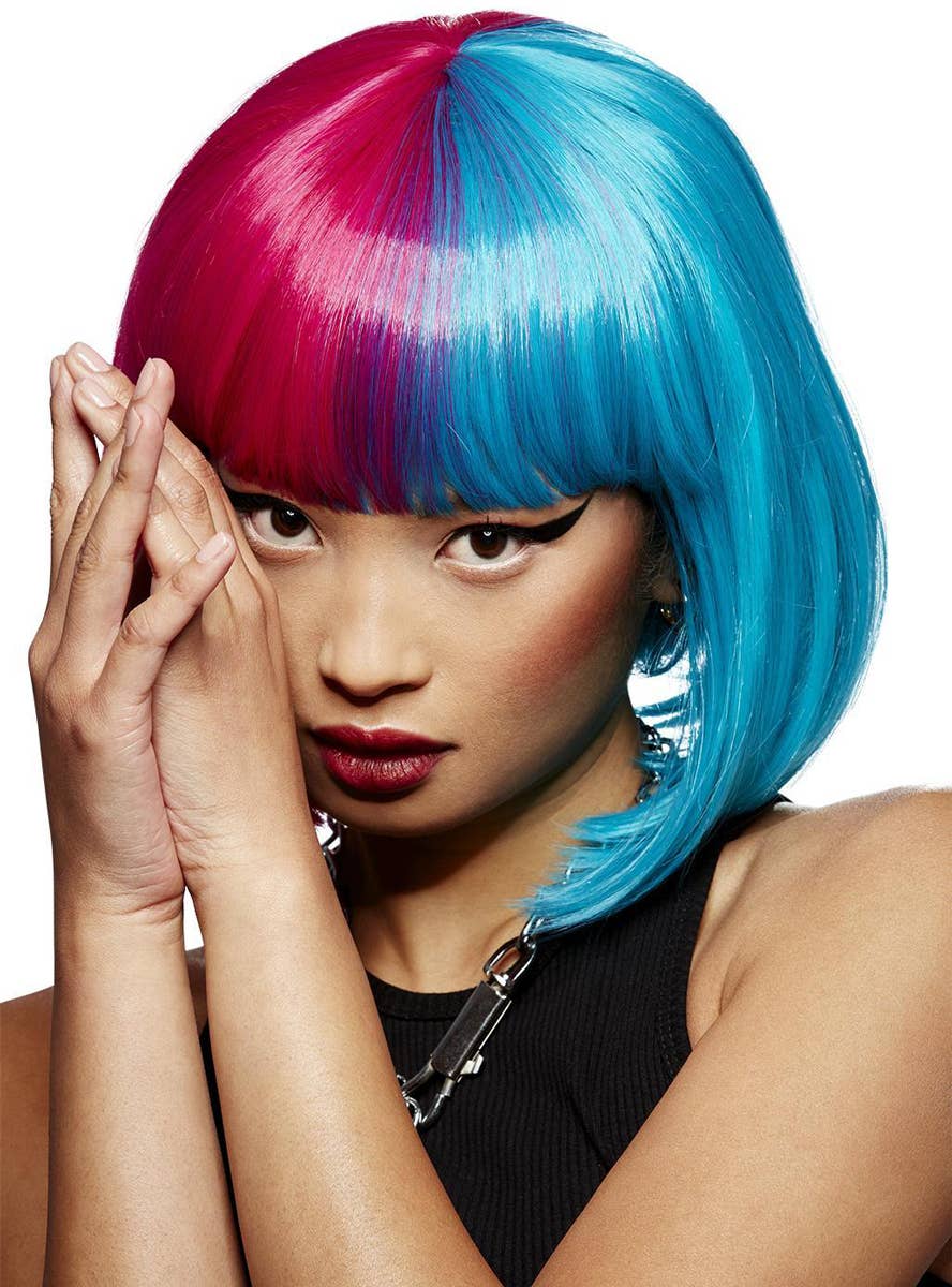 Pink and Blue Split Dye Womens Manic Panic X Smiffys Short Bob Fashion Wig - Alternate Image 1