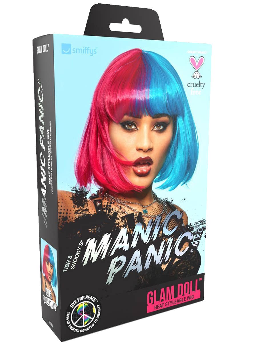 Pink and Blue Split Dye Womens Manic Panic X Smiffys Short Bob Fashion Wig - Packaging Image