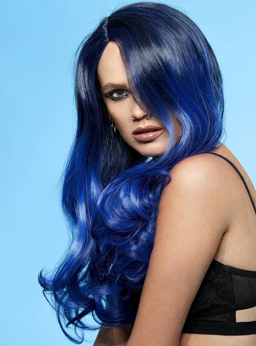 Womens Long Blue Ombre Curly Manic Panic Heat Resistant Costume Wig - Alternate Image 3