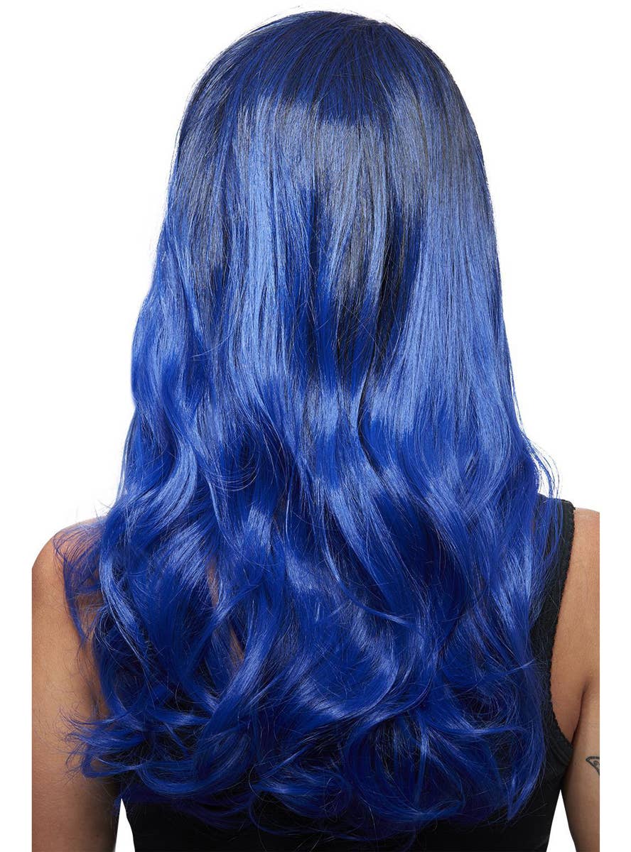 Womens Long Blue Ombre Curly Manic Panic Heat Resistant Costume Wig - Back Image