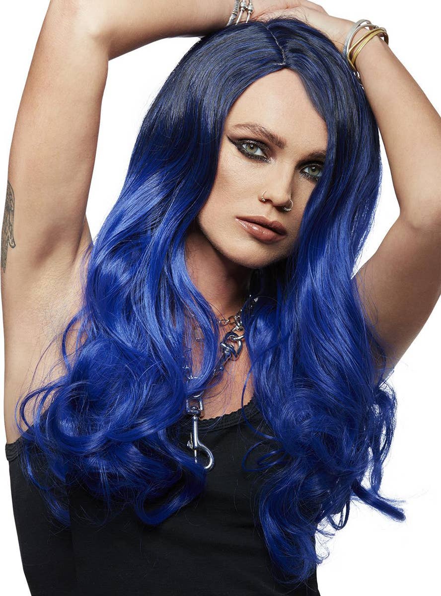 Womens Long Blue Ombre Curly Manic Panic Heat Resistant Costume Wig - Main Image