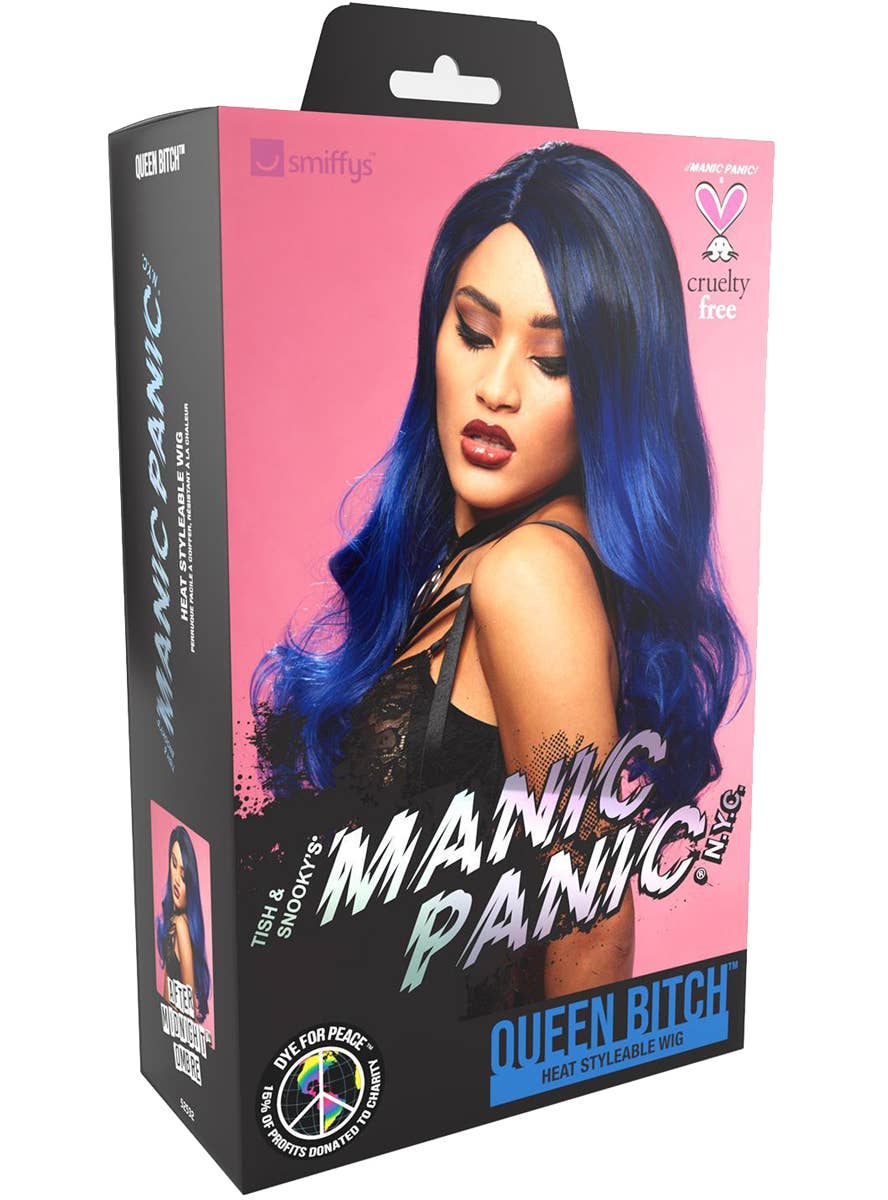 Womens Long Blue Ombre Curly Manic Panic Heat Resistant Costume Wig - Packaging Image