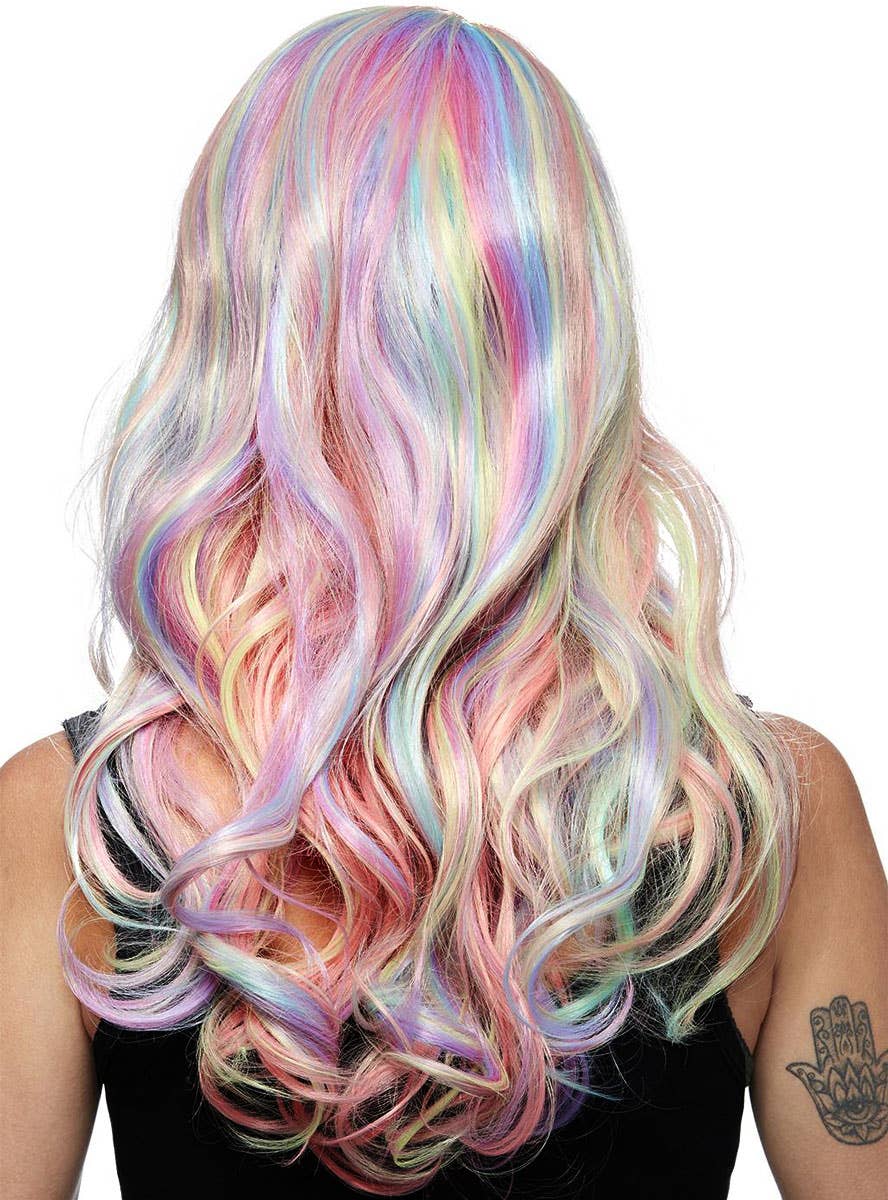 Womens Long Pastel Rainbow Curly Manic Panic Heat Resistant Costume Wig - Back Image