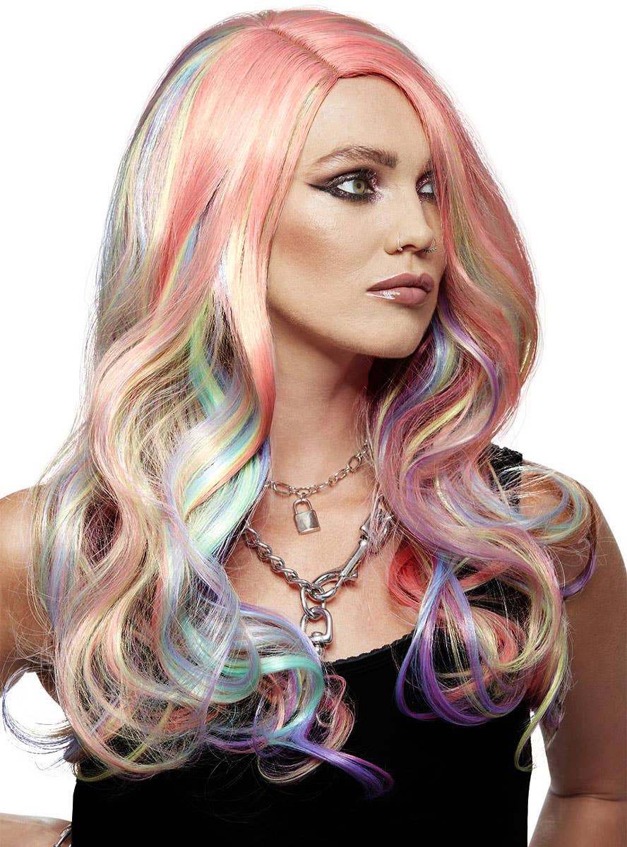 Womens Long Pastel Rainbow Curly Manic Panic Heat Resistant Costume Wig - Main Image