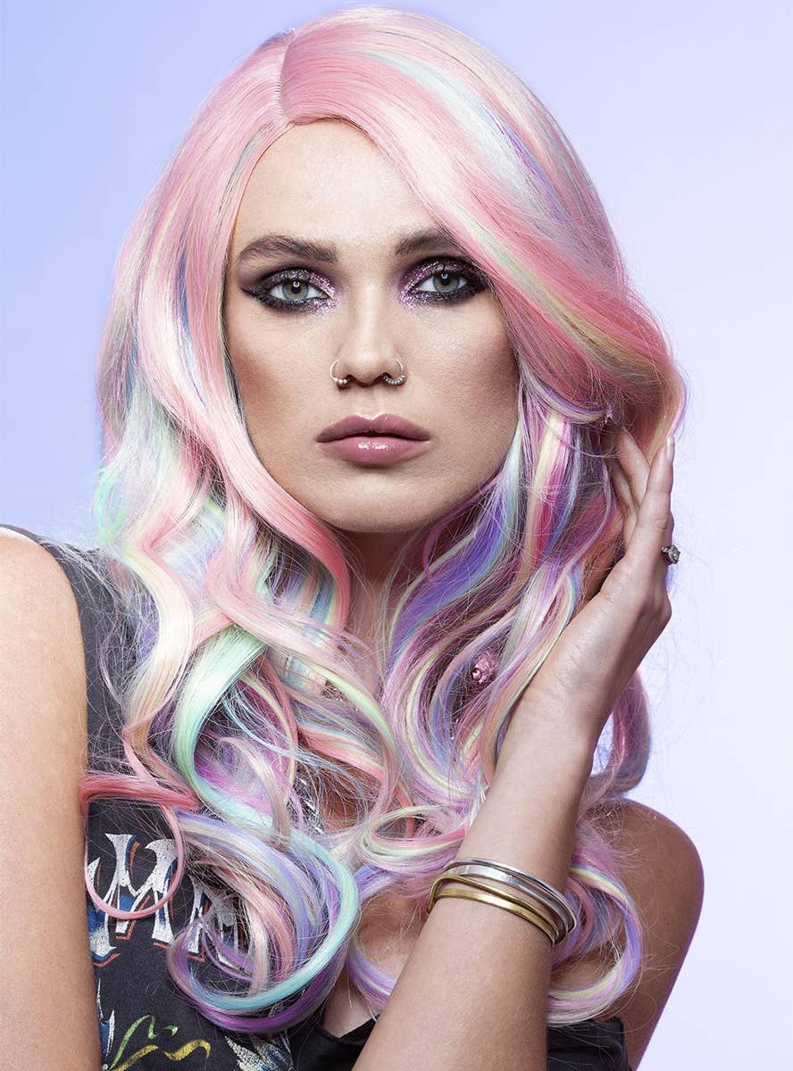 Womens Long Pastel Rainbow Curly Manic Panic Heat Resistant Costume Wig - Alternate Image