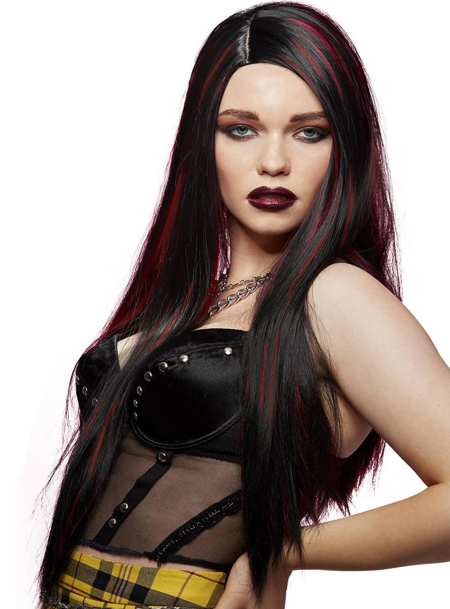 Womens Long Black Manic Panic Heat Resistant Costume Wig with Red Streaks  - Main Image