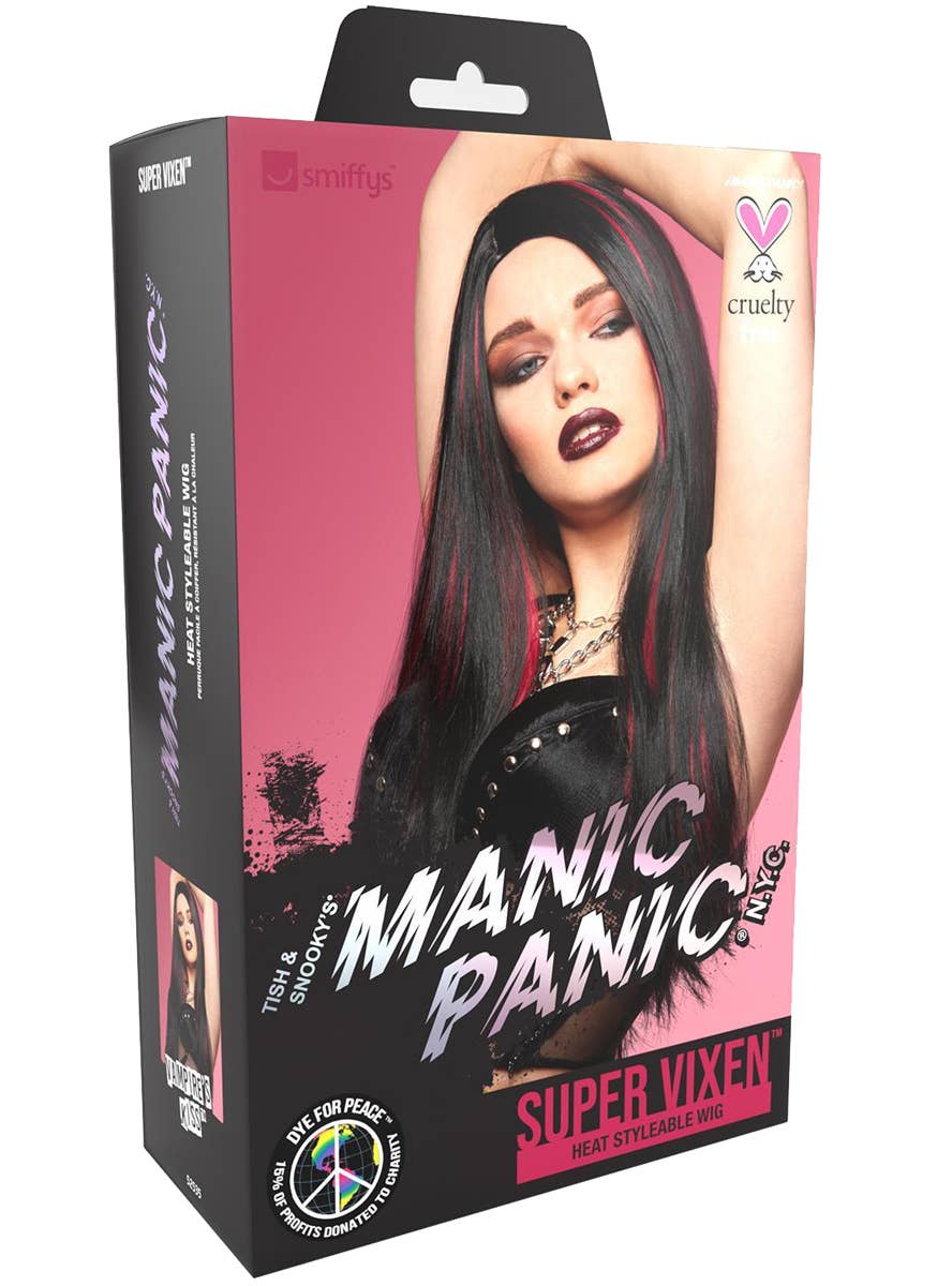 Womens Long Black Manic Panic Heat Resistant Costume Wig with Red Streaks  - Packaging Image