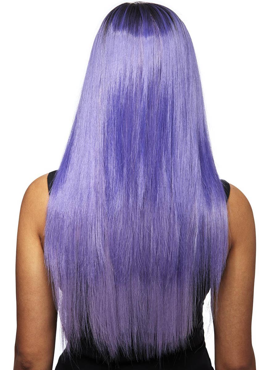 Womens Long Purple Manic Panic Heat Resistant Costume Wig with Dark Roots - Back Image