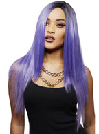 Womens Long Purple Manic Panic Heat Resistant Costume Wig with Dark Roots - Main Image