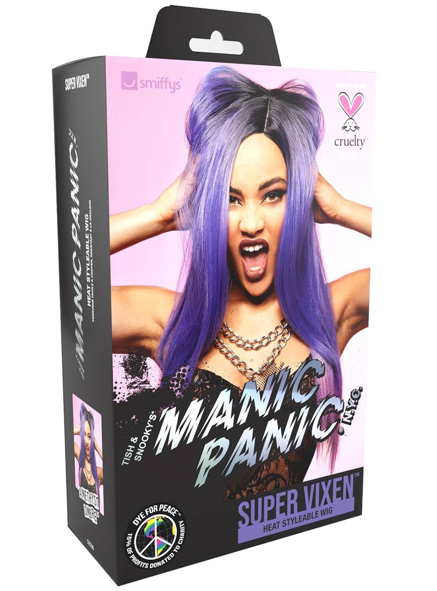 Womens Long Purple Manic Panic Heat Resistant Costume Wig with Dark Roots - Packaging Image