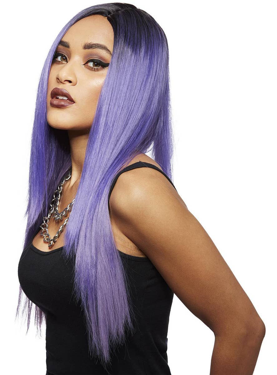 Womens Long Purple Manic Panic Heat Resistant Costume Wig with Dark Roots - Side Image