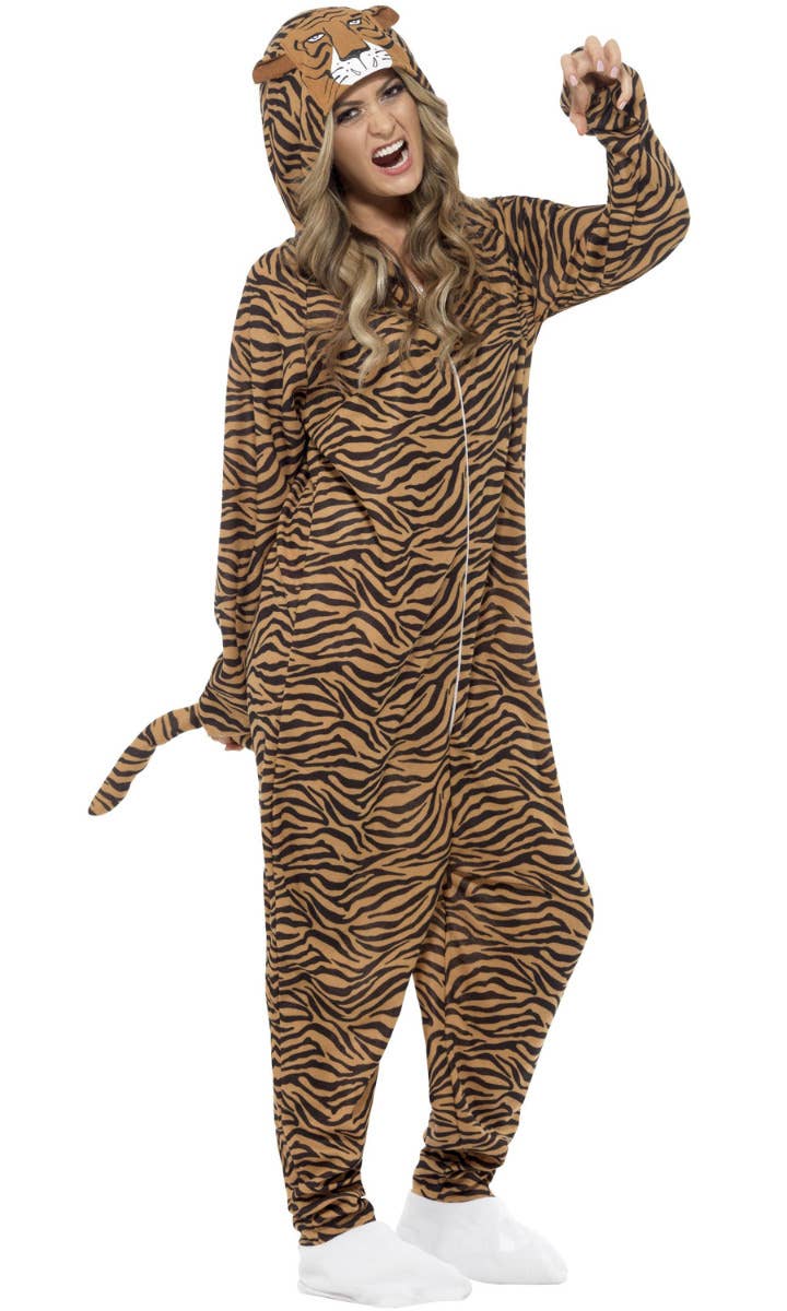 Women's Tiger Animal Onesie Jumpsuit Costume - Front Image