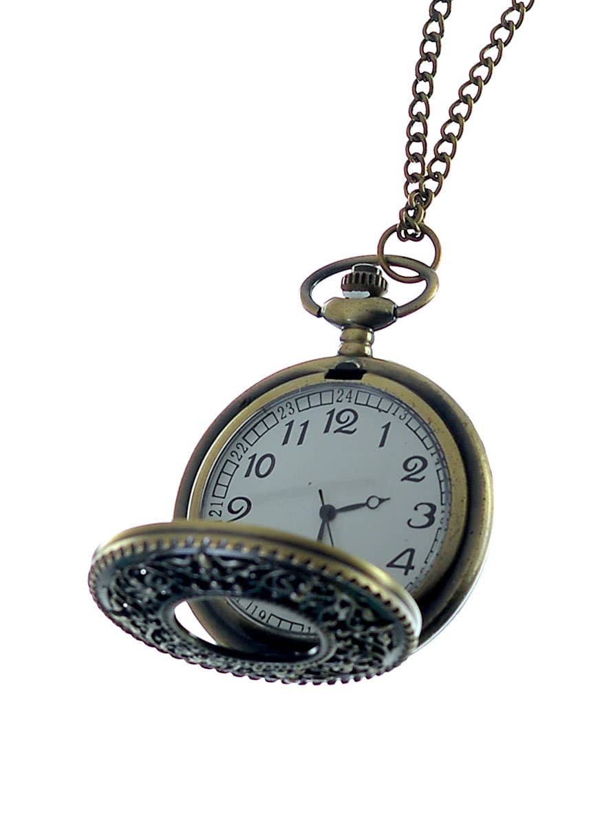 Deluxe Aged Bronze Metal 1920's Fob Pocket Watch Costume Accessory with Viewing Window - Alternative Image