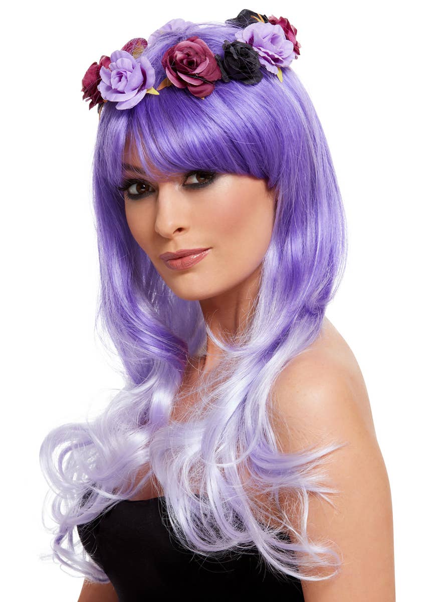 Womens Purple Ombre Curly Costume Wig with Day of the Dead Flowers - Alternate Image