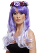 Womens Purple Ombre Curly Costume Wig with Day of the Dead Flowers - Main Image
