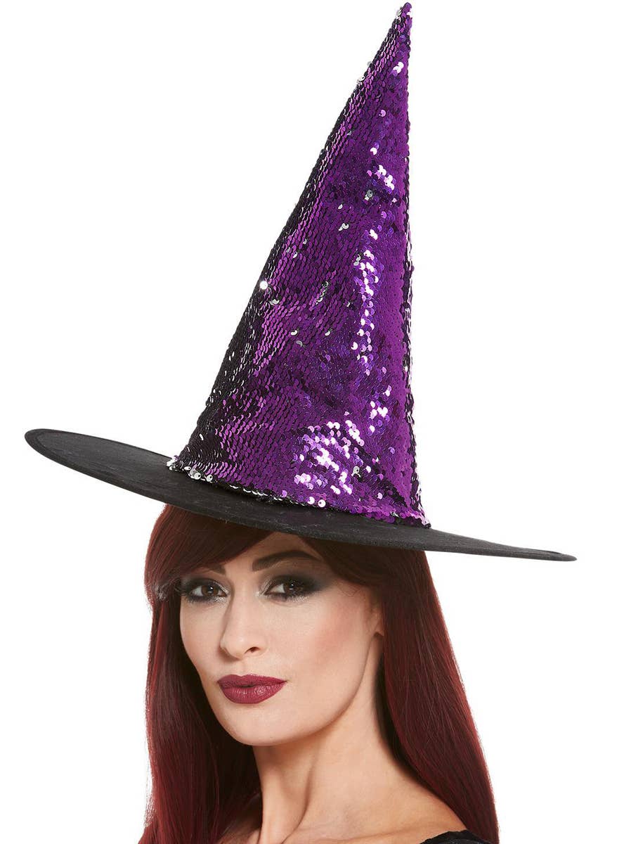 Purple and Silver Reversible Sequin Witch Hat - Alternate Image