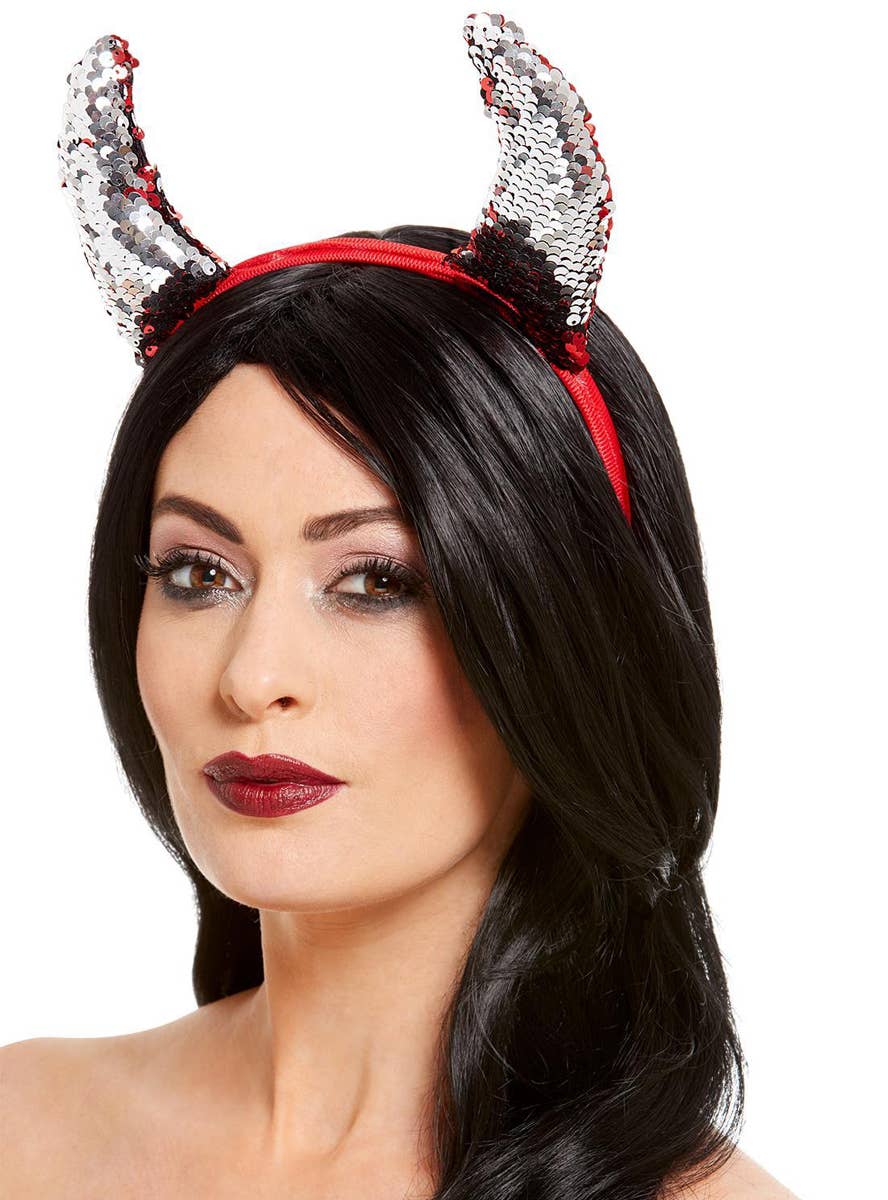 Red and Silver Reversible Sequin Devil Horn Headband - Alternate Image