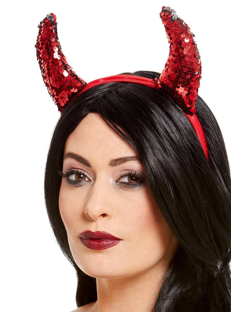 Red and Silver Reversible Sequin Devil Horn Headband - Main Image