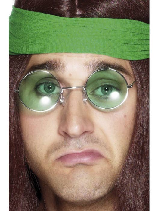Round Green Hippie Costume Glasses Front on Image 
