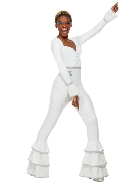 Womens Flared White Disco Jumpsuit Costume - Main Image