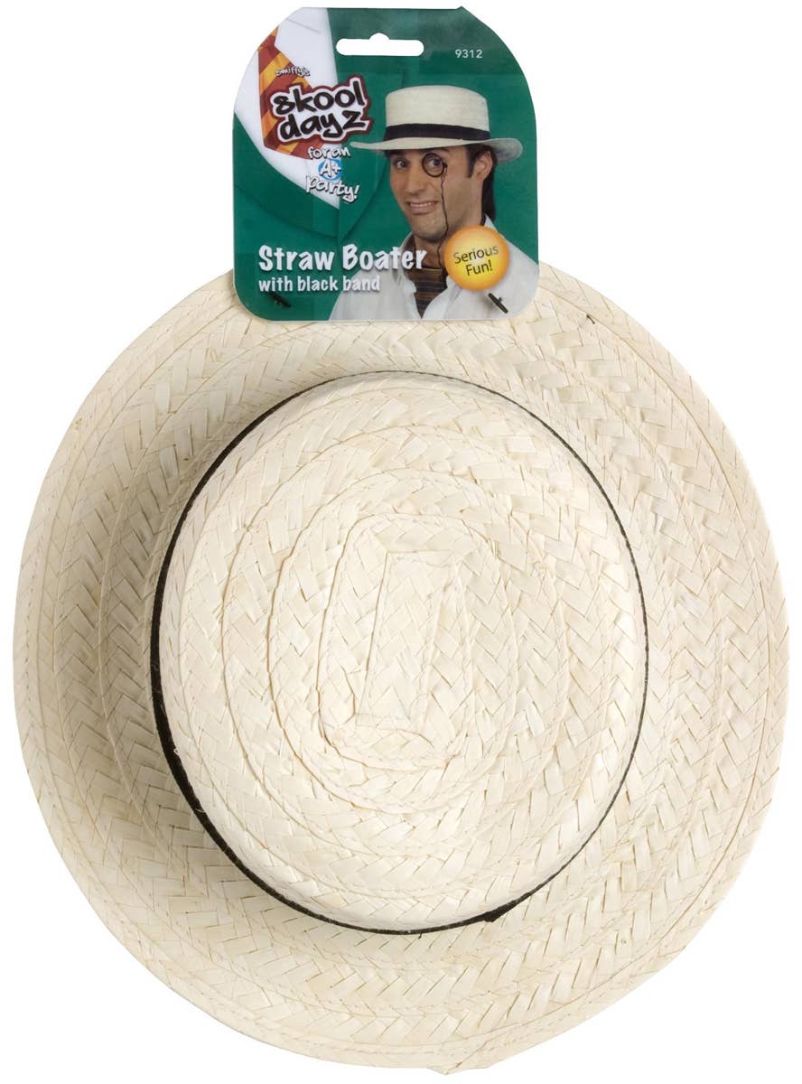 Woven Straw Boater Costume Hat with Black Band - Alternative Image