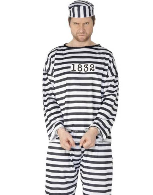 Men's Black and White Striped Convict Prisoner Costume - Close Up Image