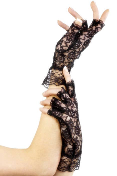 Short Fingerless Black Lace Costume Gloves - Alt Image